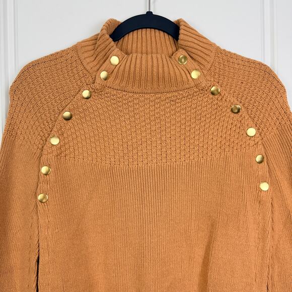 EUC G.I.L.I. Tan Mock Neck Knit Sweater Cape Poncho Gold Button Detail M/L - Picture 6 of 10